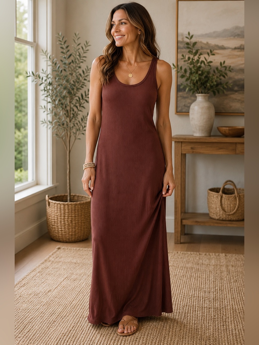 Anthropologie Ribbed Scoop-Neck Maxi Dress in Chestnut